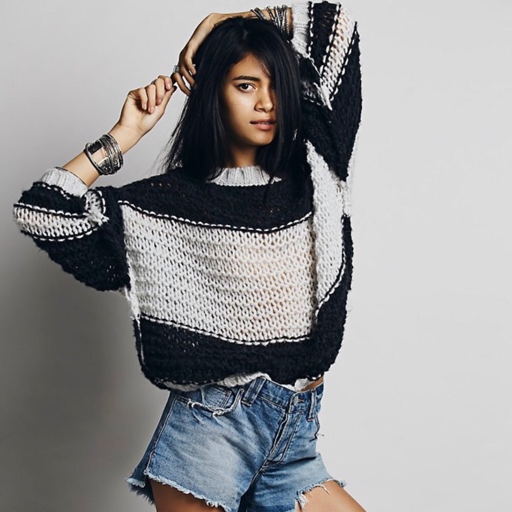 Free People Charcoal Monaco Pullover Open Knit Stitch Alpaca/Wool Blend Sweater